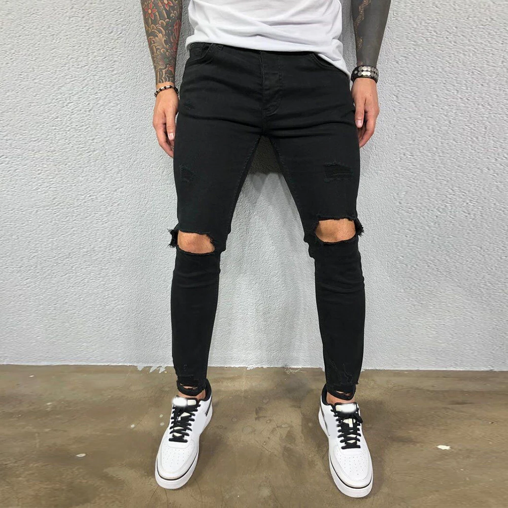 

2021 Men Jeans Breathable Solid Color Stretchy Slim Ripped Distressed Denim Pencil Pants Skinny Denim Pants Casual Denim Pants