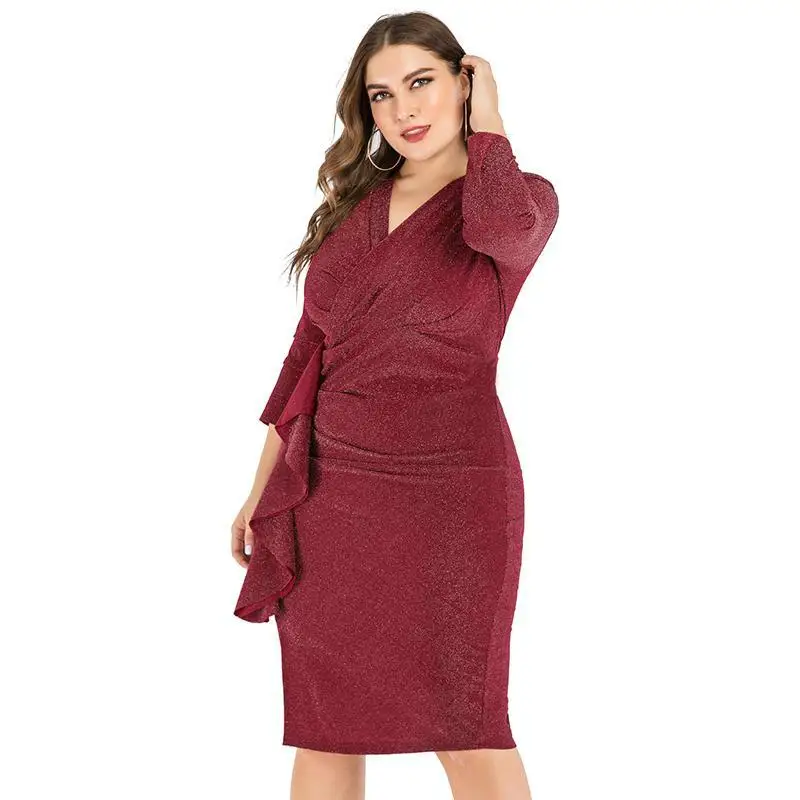 Платье женское длинное с V-образным вырезом и оборками большого размера | Женская