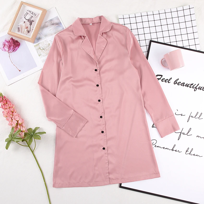 

HECHAN Sexy Women Robes Long Sleeve Thin Pink Sleepwear Turndown Collar Satin Pajamas Female Home Wear Soild Nightwear Casual