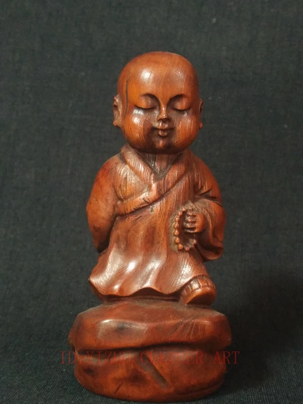 

YIZHU CULTUER ART Collection China Old Boxwood Hand Carved Lad Buddha Statue Family Decoration