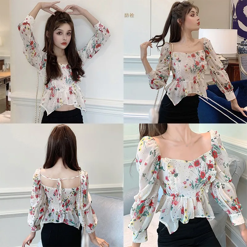 

Efinny Spring Autumn Women's Floral Square Collar Sexy Sweet Blouse Fashion Long Sleeve Chiffon Shirt