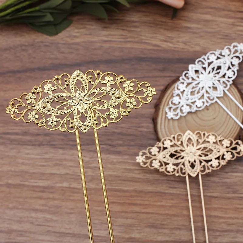 

Vintage Hair Stick with 80x35mm Filigree Flower Metal Hairpins DIY Findings Bases for Wedding Bridal Headdress Hair Fork