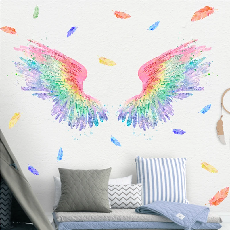 

New Stylish Feather House Decoration Colorful Plumage Printed Wall Stickers For Kids Room Home Decoration Art PVC Wall Decals