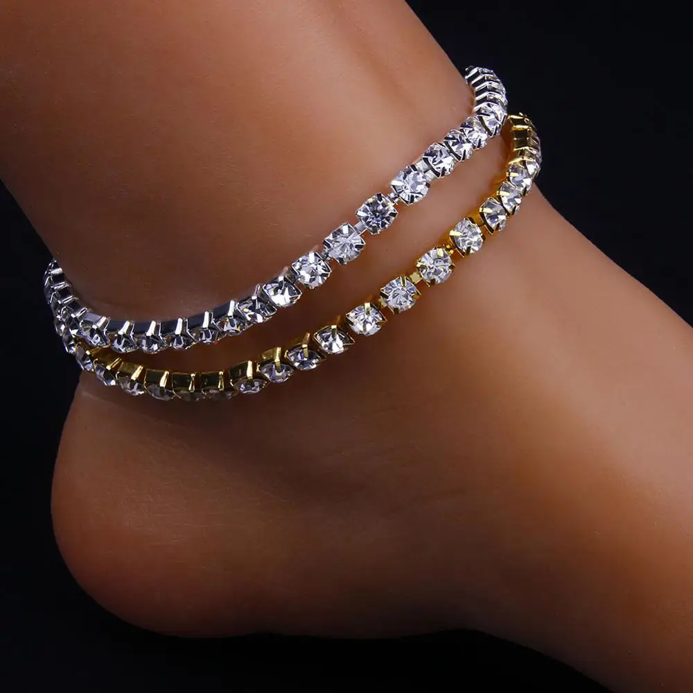 Фото Браслеты на ногу женские теннисные цепочки с кристаллами летние пляжные
