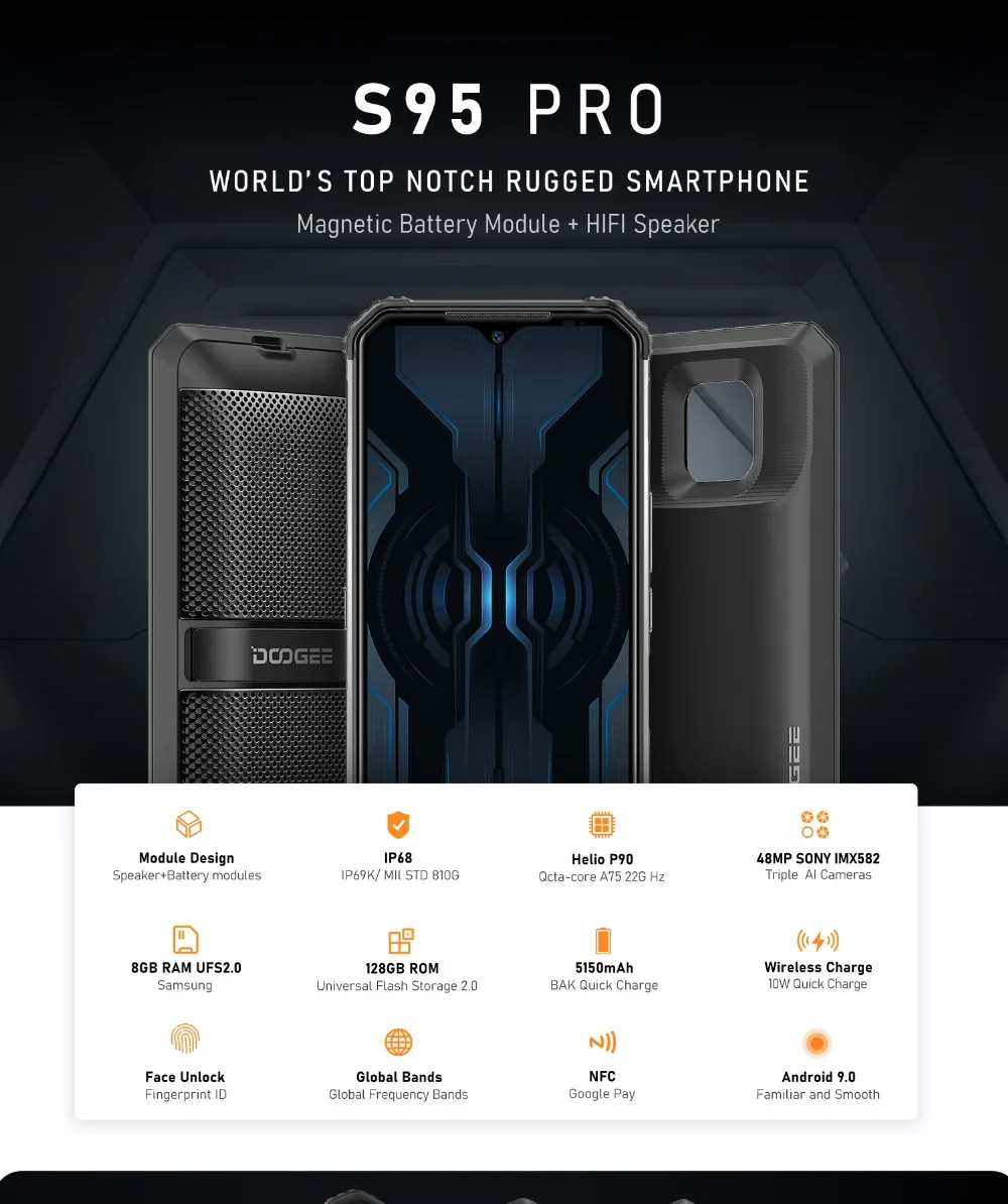 DOOGEE S95 Pro 8GB 128GB Android 9,0 IP68/IP69K Helio P90 смартфон NFC 6,3 ''Восьмиядерный 5150mAh 48MP Тройная камера 4G телефон