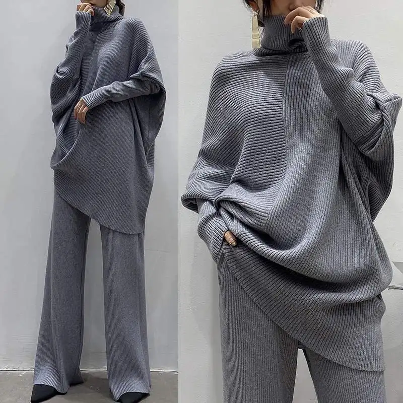 

Chic Autumn Winter Irregular Loose Sweater + Wide-Leg Pants 2 Piece Set Women Oversize Sweater Sets Knitted Sets High Quality