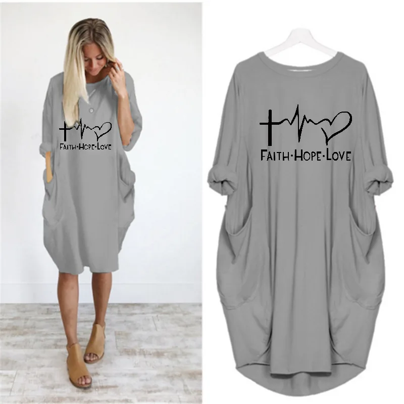 

Plus Size Women's Midi Dress Long Sleeve Dresses Super Heart Print o Neck Loose Pocket Casual Vintage Vestidos Robe Femme Autumn