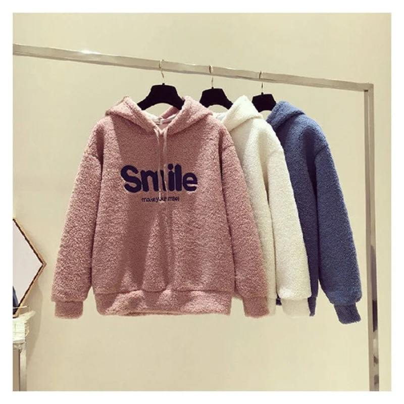 

HZVZ 2021 Plus Velvet Thick Imitation Lamb Velvet Sweater Ladies Hooded Letter Printing Office Worker Loose Plush Casual Hoodie