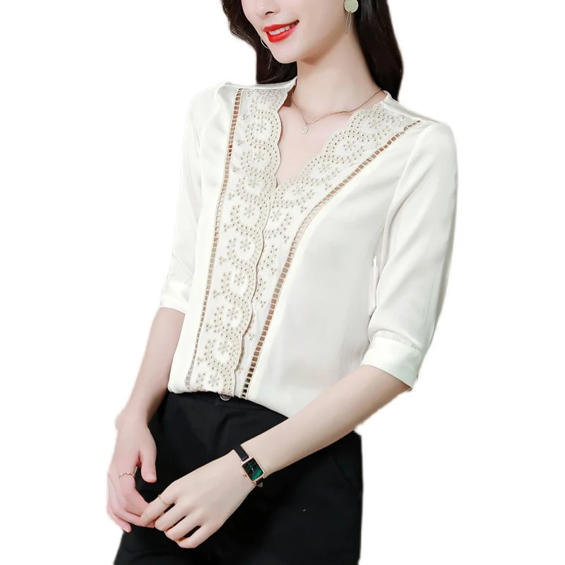 

COIGARSAM 3XL Plus Size Short Sleeve blouse women New Summer V-Neck blusas womens tops and blouses White Black 7038