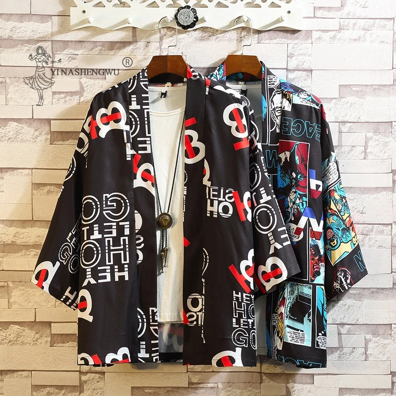 

Японский Kimonos Харадзюку мужской Аниме принт Свободная рубашка кардиган женский летний костюм Самурай японский традиционный пиджак пара юк...