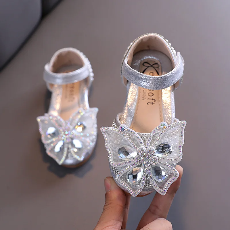 Girls Cute Pearl Princess Sandals Children's Sequin Lace Bow Dance Single Shoes 2022 Kids Rhinestone Butterfly Sandals