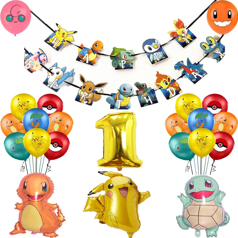 

Pokemon Go Birthday Party Decoration Pikachu Printed Balloons Cup Cake Topper Insert Banner Flag DIY Set Kids Party Supplies New