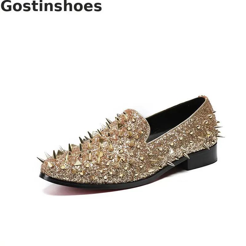 Модные мужские лоферы золотистого цвета с заклепками мужская повседневная обувь