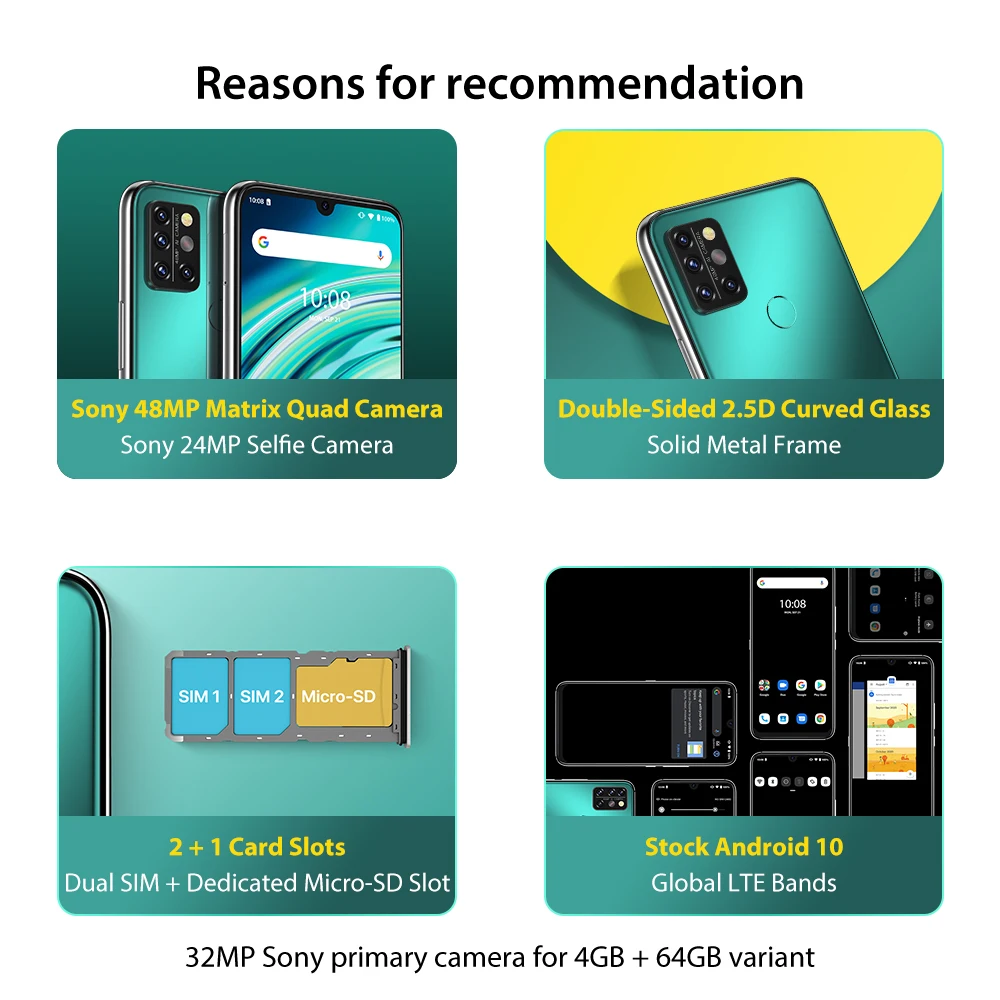 UMIDIGI-A9 Pro Tel&eacute;fono Inteligente, dispositivo Desbloqueado, Versi&oacute;n Global, Pantalla FHD 6,3 pulgadas, Procesador Helio P60, 4GB o 6GB de RAM y 64GB o 128GB de ROM, Cuadric&aacute;mara de 32 o 48MP y Selfie de 24MP-1
