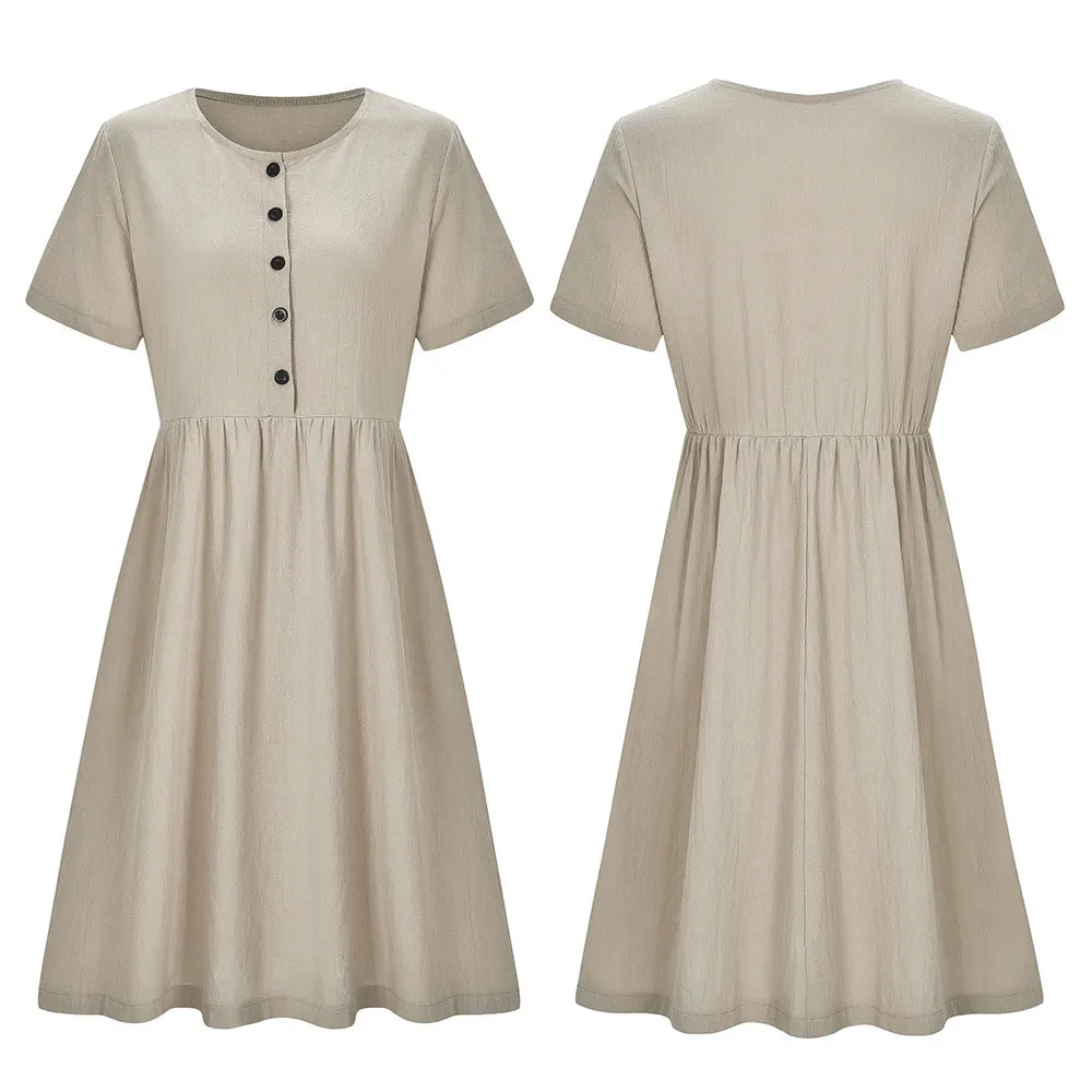 

Casual Solid Straight Women's Dress Mid-calf Dress Minimalist Autumn Summer Female Travel Short Sleeve Cotton And Linen Dress