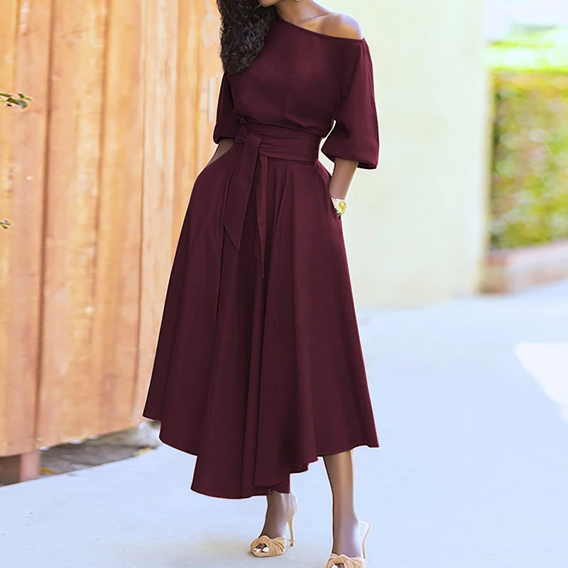 

Sexy Off The Shoulder Long Dress Diagonal Collar Lantern Sleeve Sashes A Line Solid Dress 2021 Elegant Party Dresses For Women