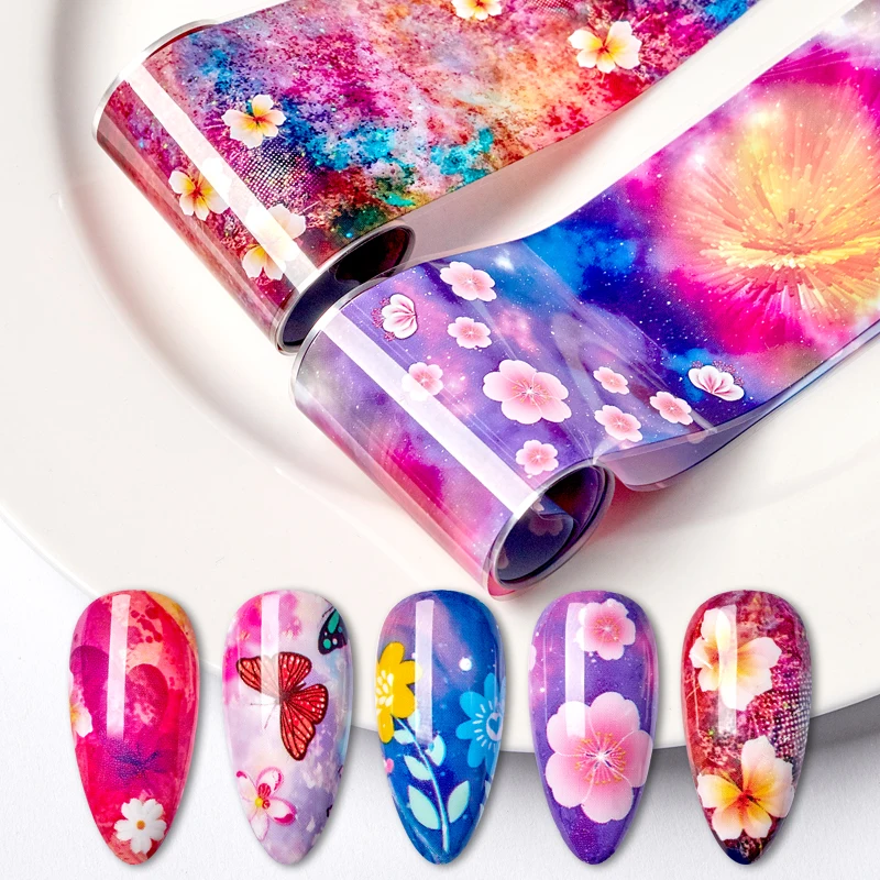 10 рулонов наклейки из фольги для ногтей цветы бабочки розовые весенние летние