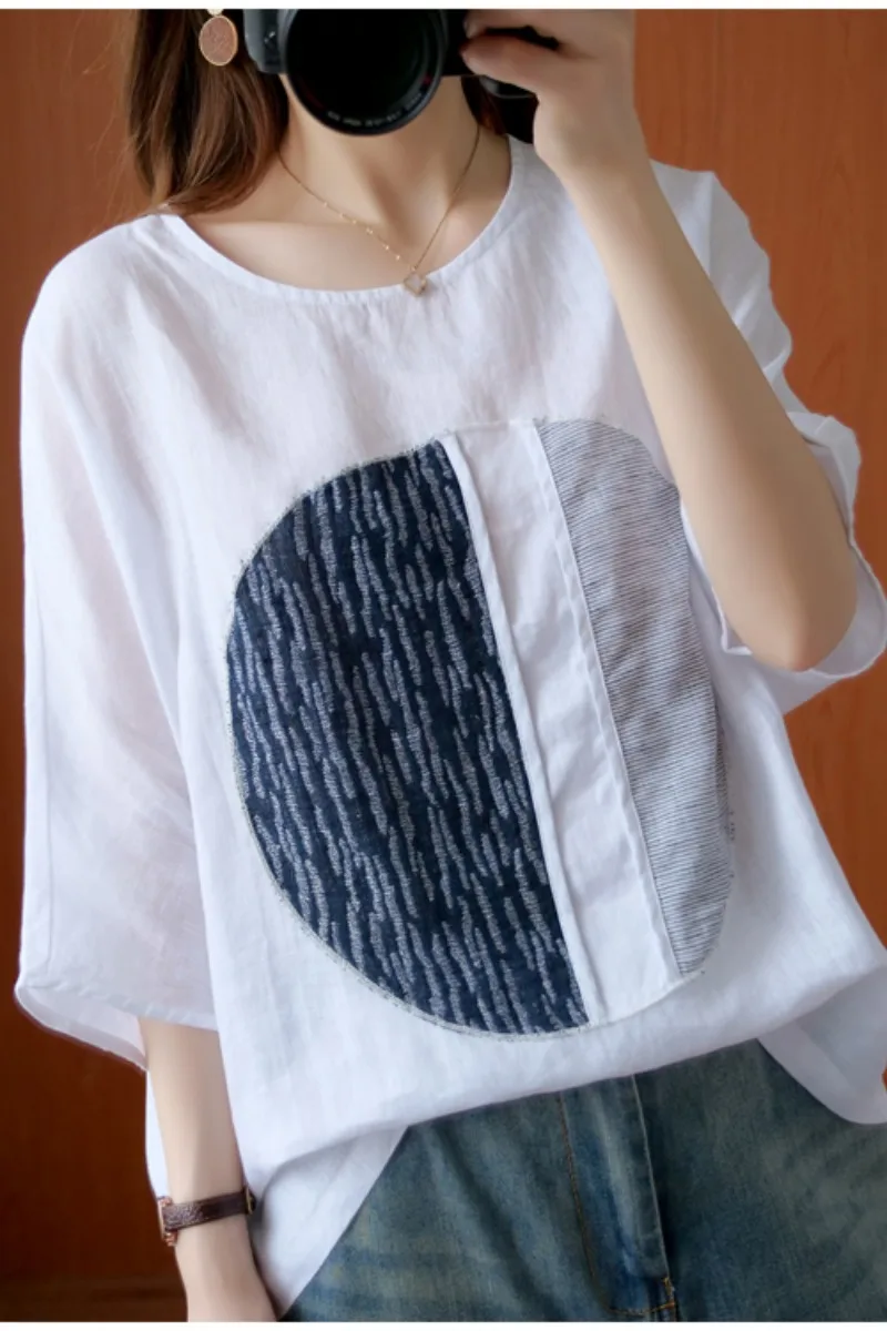 

Women Linen Cotton T-Shirt Fashion Literature And Art Simple Korean Style Sweet Girl Loose Patchwork Raglan Sleeve O-Neck Tees
