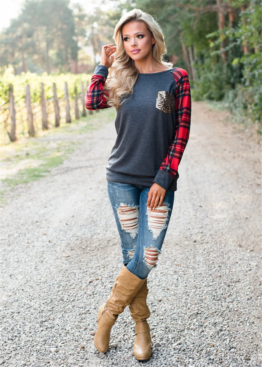 

Fall 2020 new fashion women's outerwear plaid Mosaic hoodie sequins pocket round neck long sleeve T-shirt women