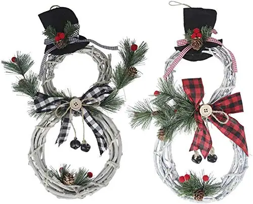 Corona de Navidad LED para puerta delantera, coronas artificiales de mu&ntilde;eco de nieve con cadena de luces LED, arco de pino, decoraci&oacute;n de patio-4