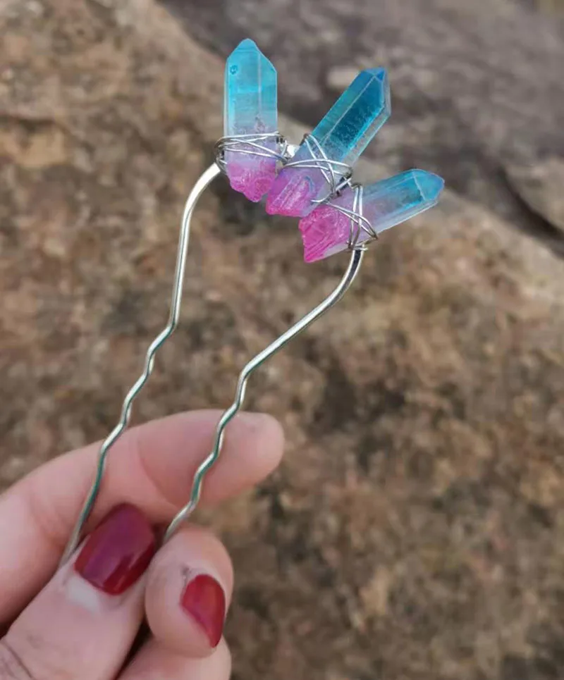 Pink-Blue Натуральный кварц сырой кристалл обруч зажим для волос для женщин маленький обруч Ювелирное Украшение на день рождения - Окраска металла: Pink-Blue
