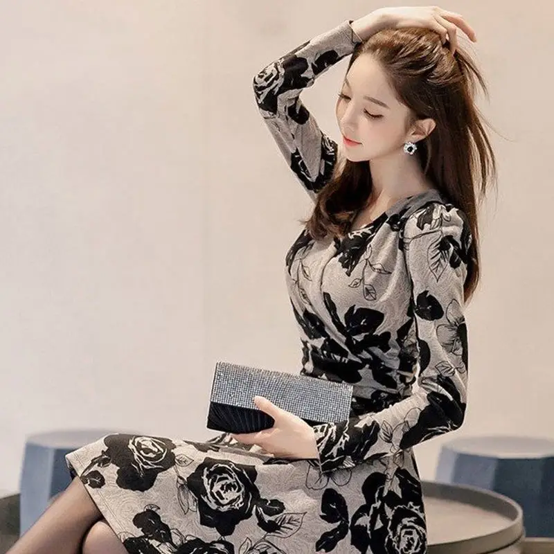 

Long sleeve dress women's spring and autumn 2020 new fashion slim print A-line skirt V-neck fashion