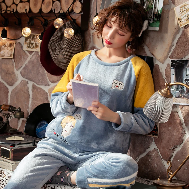 

Winter Flannel Pajama Set Long Sleeve Loose Top Elastic Waist Thick Warm Sleepwear Homewear Clothing Lounge Wear For Girl