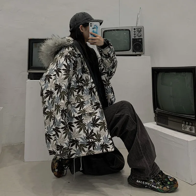 

New Loose Maple Leaf Printed Youth Fashion Winter Jacket Women Manteau Veste Femme Hiver Plus Size Long Coat Harajuku Parka