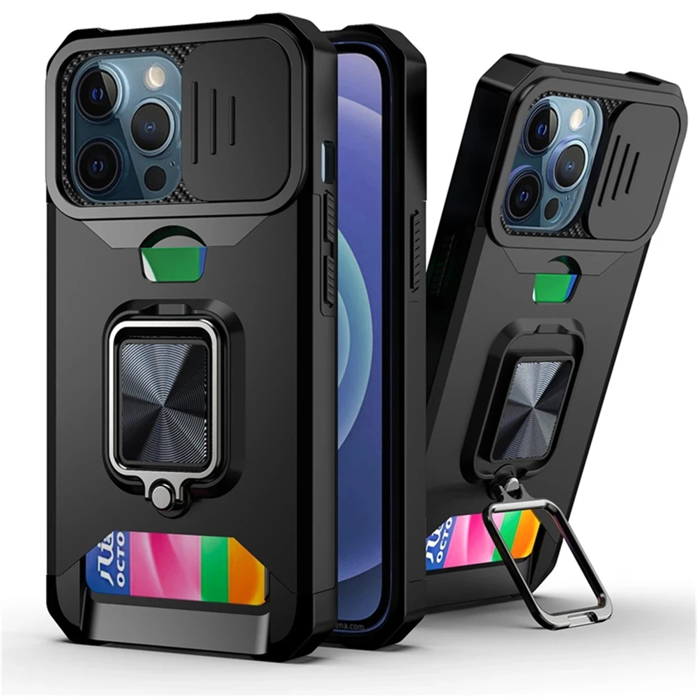 

Slide Armor Shockproof Card Slot Case For iphone 13 mini 12 11 Pro Max XS XR SE 2020 7 8 6S Plus Cover Magnetic Metal Stand Capa