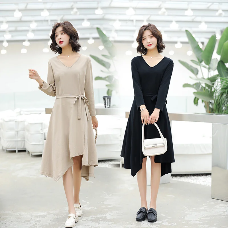 

Новинка Весна 2021, вязаное ДРАПИРОВАННОЕ асимметричное платье с V-образным вырезом, длинное платье на шнуровке с длинным рукавом