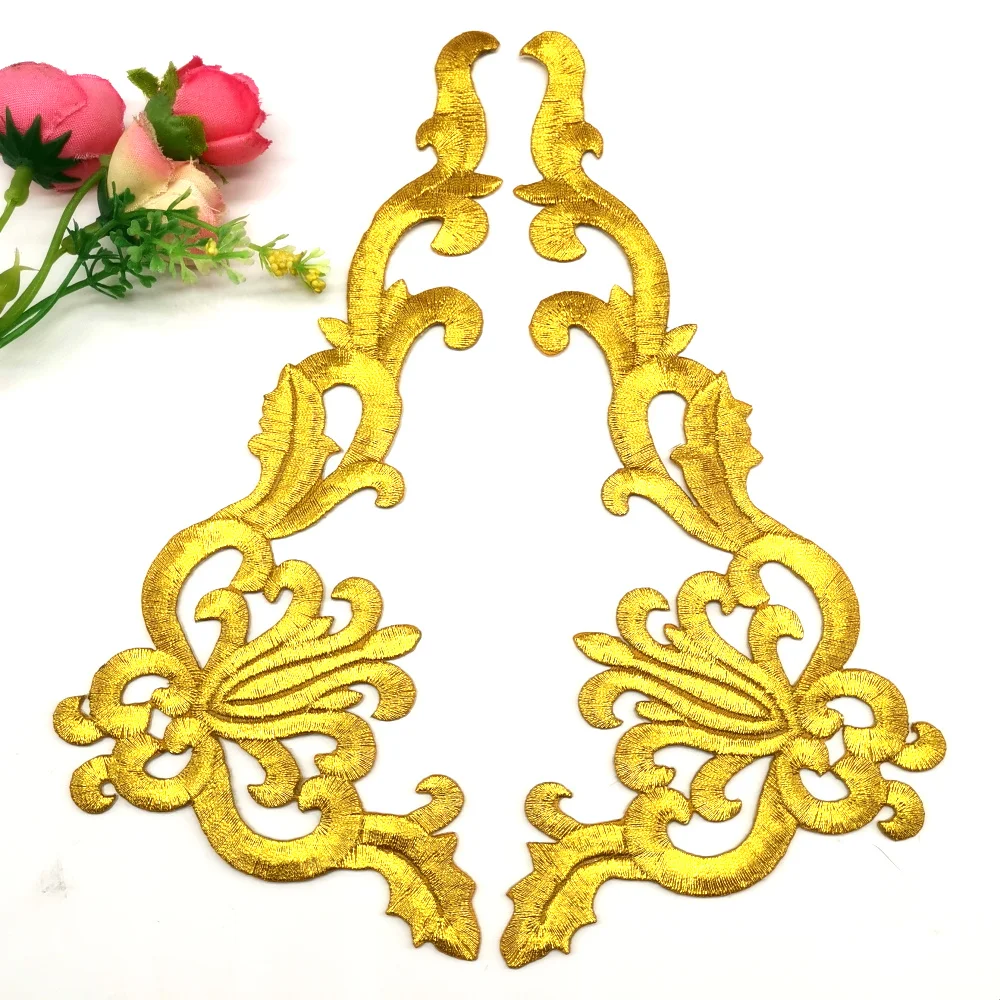 

Iron On Appliques Mirrow Pair Garment Flower Gold Embroidered Patches 19.5cm*10cm