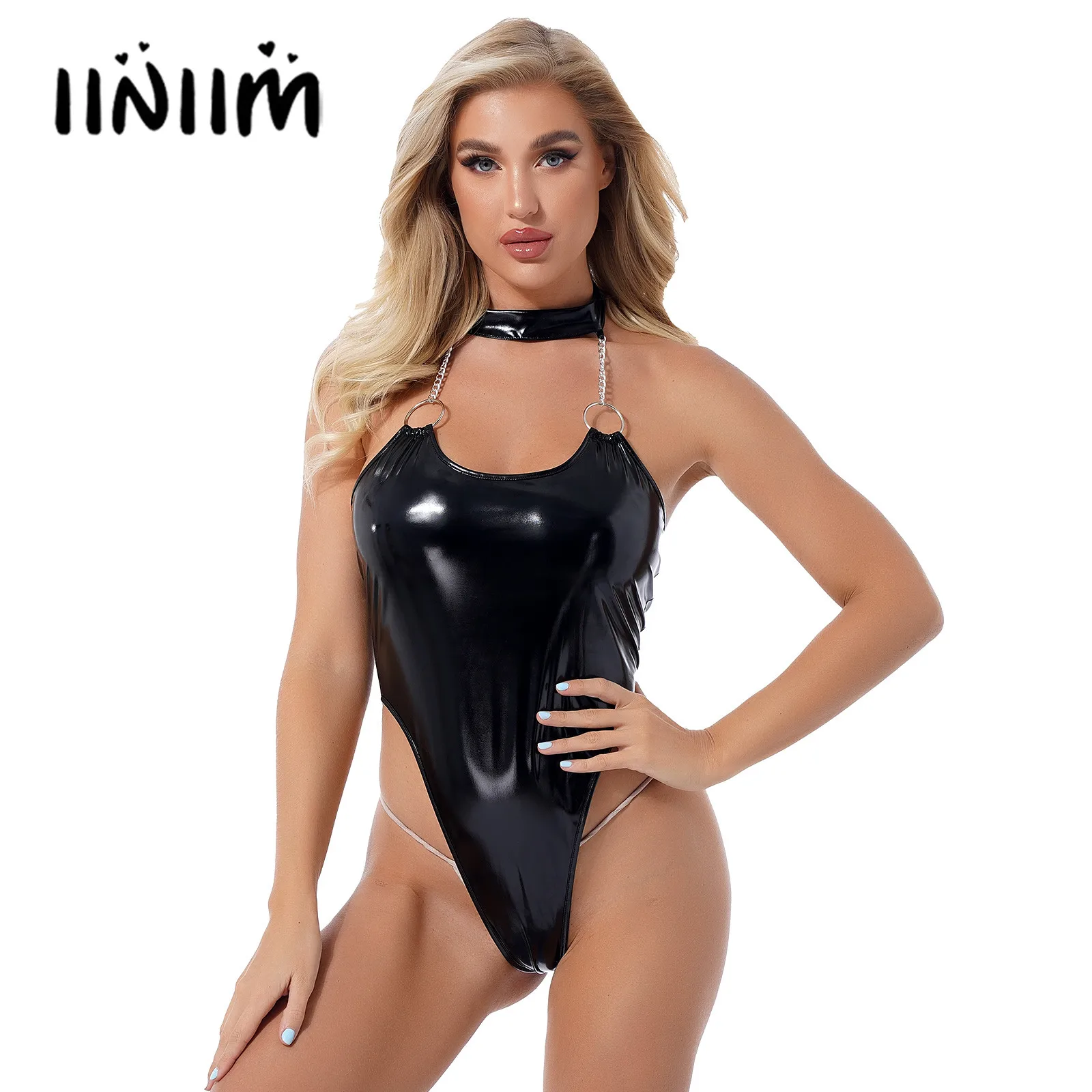 

Womens O Ring Metal Chain Decor Catsuit Clubwear Patent Leather Bodysuit Halter Neck Glossy Backless Sleeveless High Cut Leotard