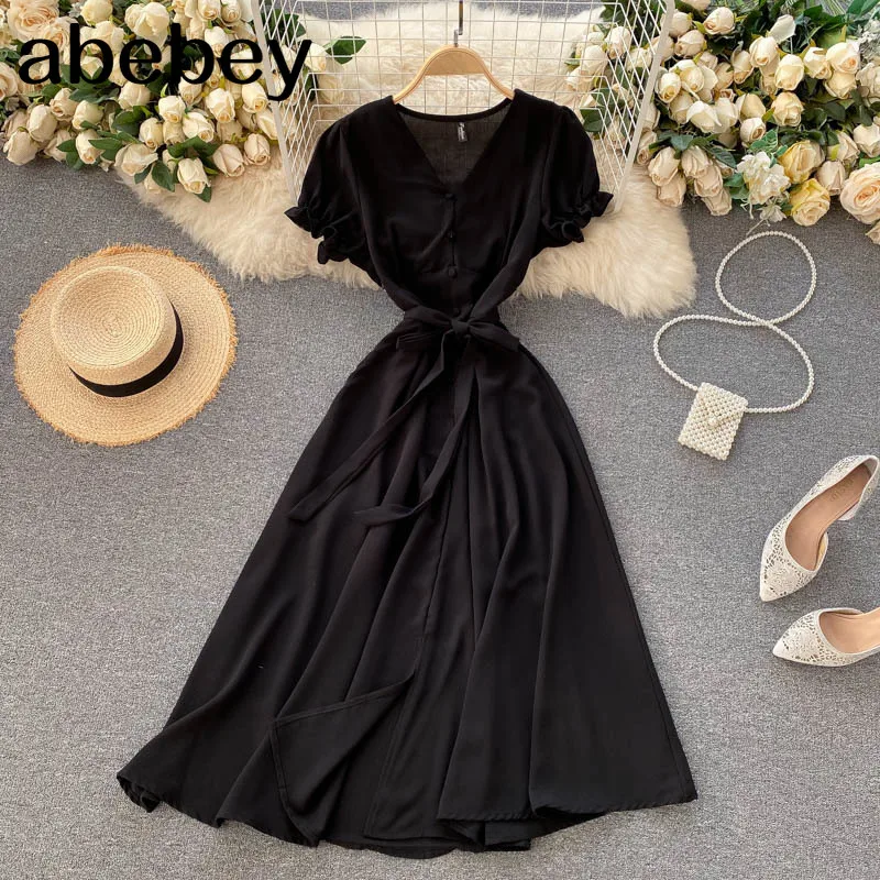 

Women Solid Belt dress V Neck short puff sleeve A line dresses summer Bohemian Beach Midi Dress