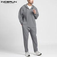 fashion solid color loose suit incerun men sporting sets long sleeve hodded tops elastic pants 2 pieces mens leisure sets s 5xl7