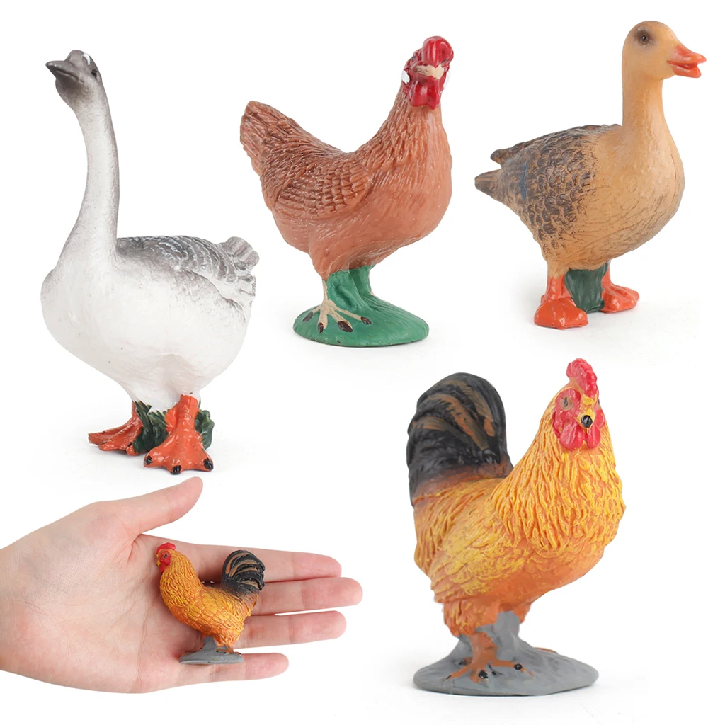 

Set of 4 Rooster Duck Goose Farm Animal Model Set Miniatures Statue Toys