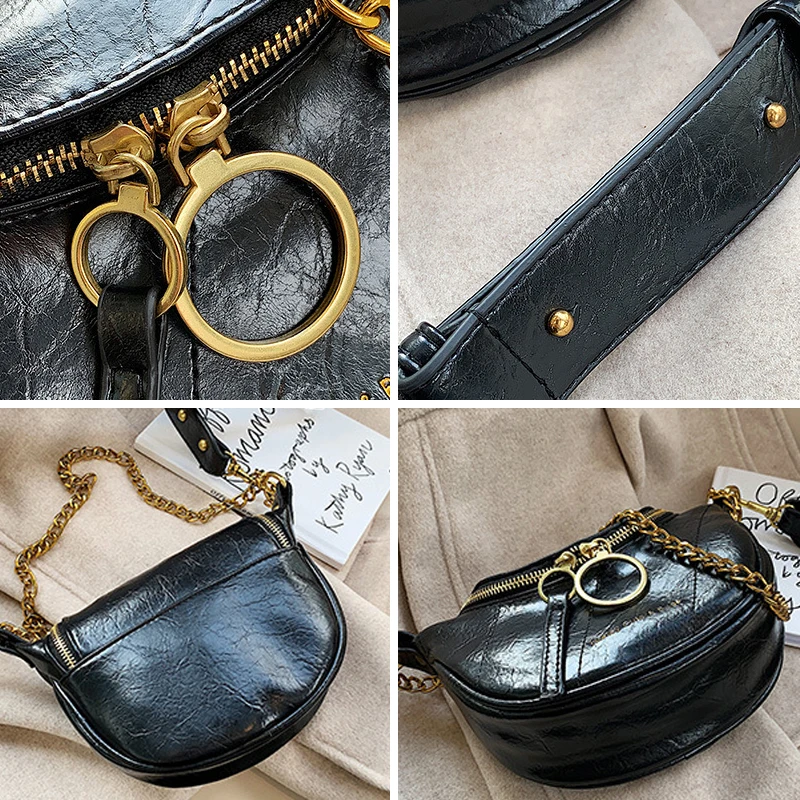 

CASMOR Dumpling Bag Women Fashion Smile Zipper Punk Shoulder Bag Ladies Party Ring Chain Rock Crossbody Bag Casual Wild Bag 2019