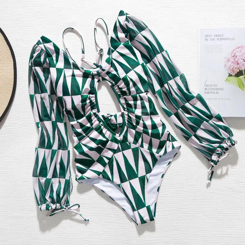 Винтажный слитный купальник женский с длинным рукавом Женский размера плюс