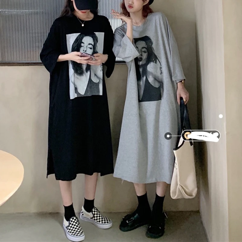 

2021 Women Casual Loose Solid 100% Cotton T Shirt Dress O Neck Summer Korean version of the print lazy looseFashion newDress