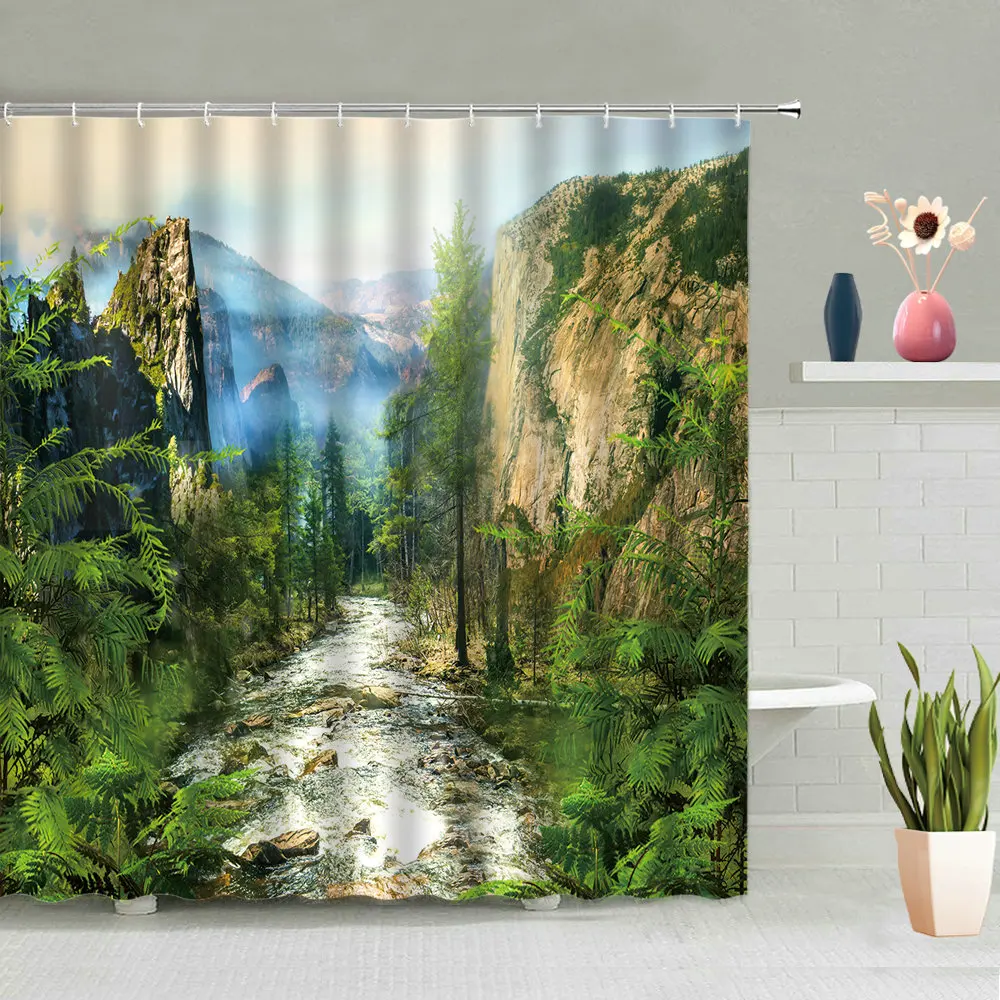 

Mountain Forest Path Creative Shower Curtain Canyon Waterfall Crane Animal Cabin Sky Pattern Bathroom Decoration With Hook Set