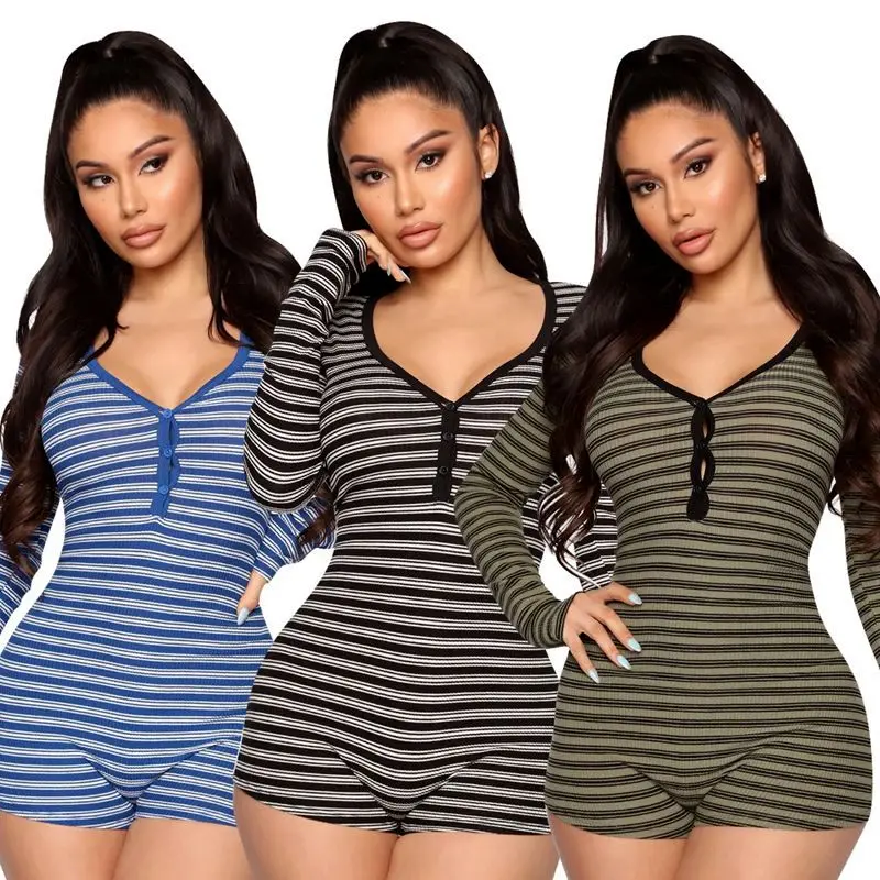 

ZKYZWX Striped Bodycon Playsuit Pajamas for Women Home Overalls Sexy One Piece Club Outfit Trendy Long Sleeve Button Rompers