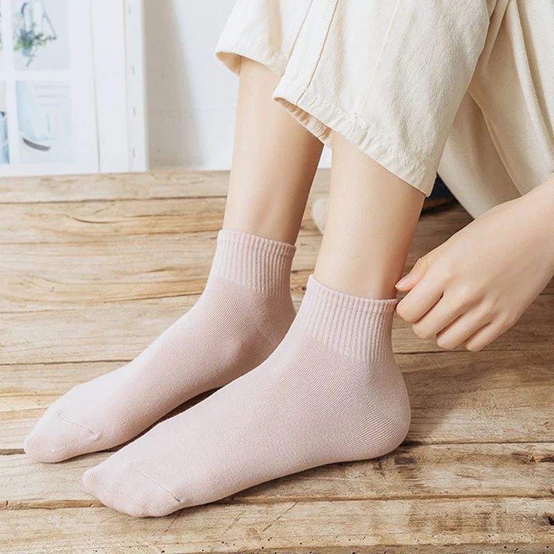 

1Pair Women's Breathable Socks Kawaii Solid Color Cotton Pink Black Green Color Short Simple Style Socks for Girls