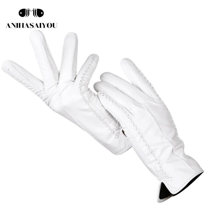 Fashion white leather gloves women Genuine Leather White sheepskin Short comfortable Women's warm lining-2226D | Аксессуары для