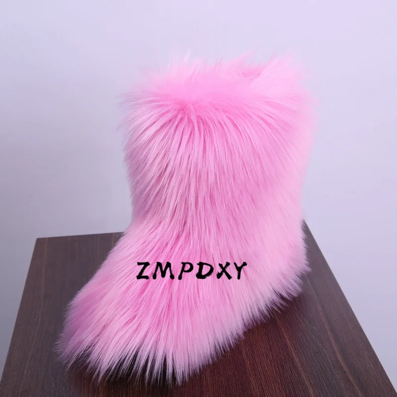 Зимние женские меховые ботильоны из искусственного лисьего меха высокие зимние