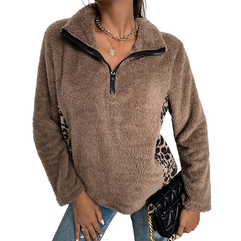 

Knitted women pullover 2021 autumn new lapel stitching leopard long-sleeve solid khaki zipper fleece warm chic top women sweater