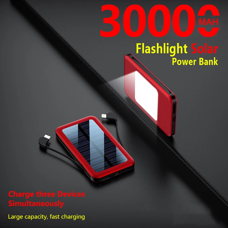 30000mAh солнечный банк силы быстрое зарядное устройство Встроенный кабель LCD Тип C