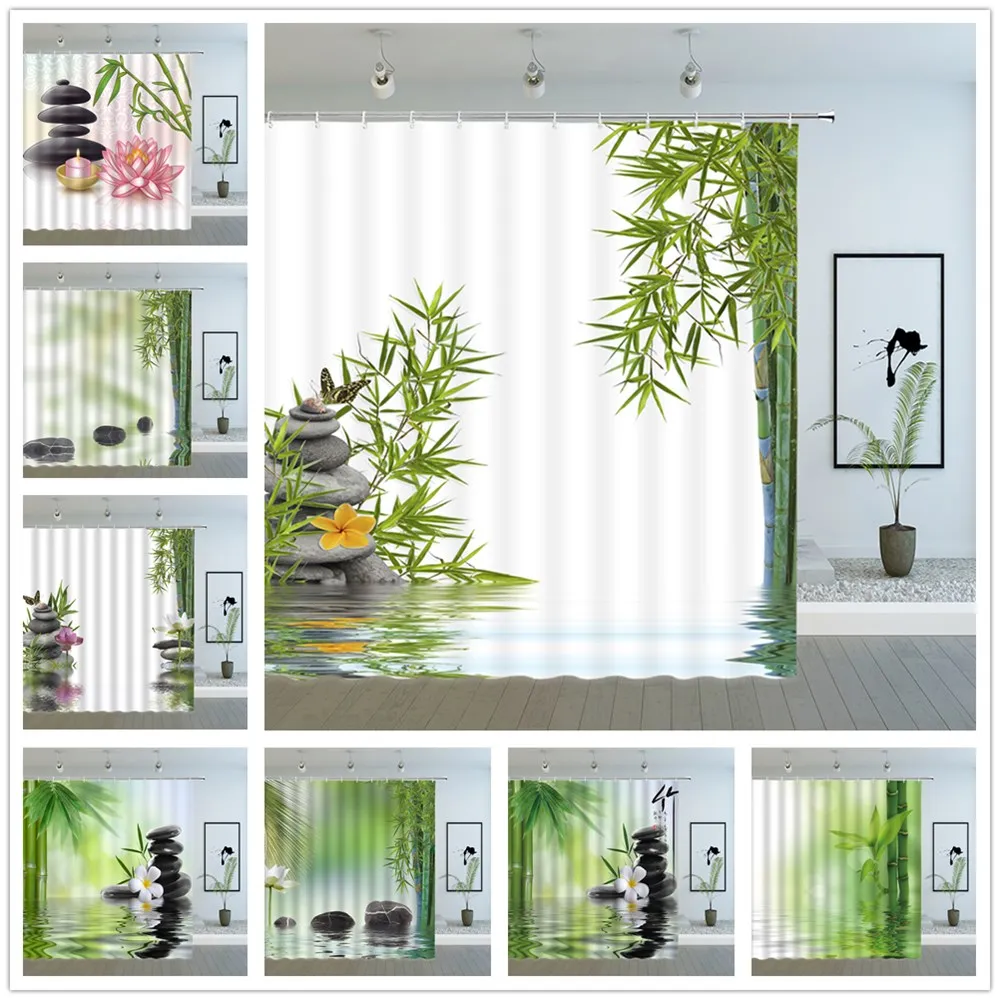 Green Bamboo Shower Curtains Spring Plant Flower Butterfly Scenery Bathroom Decor Polyester Home Cloth Hanging Curtain Sets