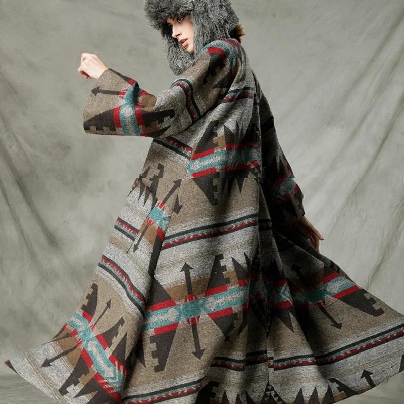 

Original Design Women Autumn Winter Vintage National Trend Oversized Long Wool Coat Indian Totem Print Warm Belted Woolen Jacket
