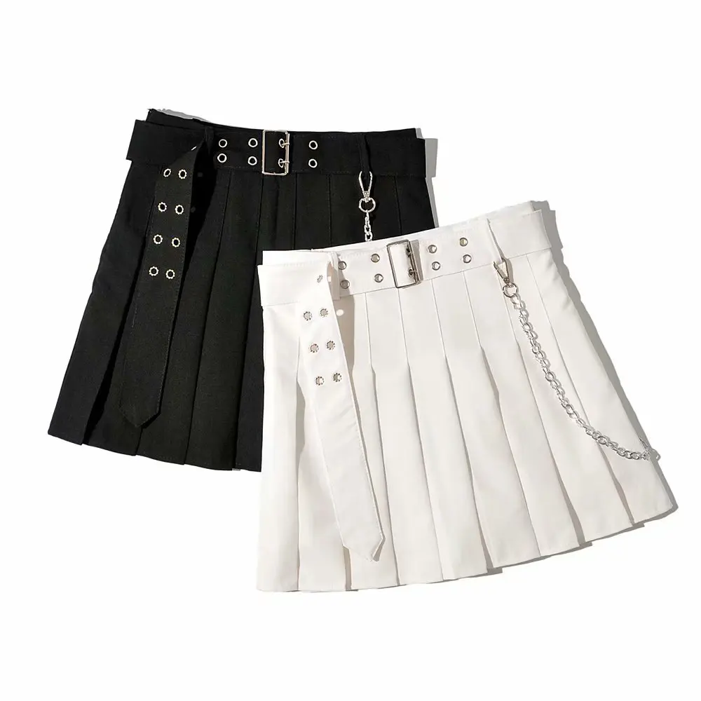 

New Summer High Street Y2k Women Skirt Harajuku High Waist Pleated Skirt Female Chic Black Uniform Short Skirts with Belt Chain