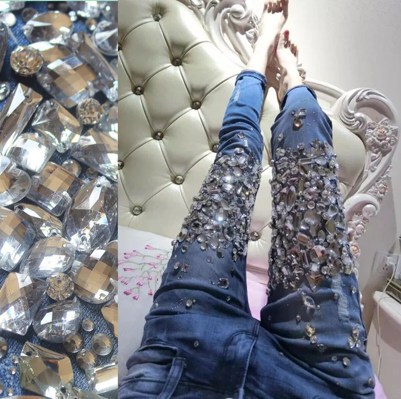 

2020 Beaded Jeans Women's Rhinestone Diamond Set Heavy Industry Slim Plus Size Jeans Woman Street Style Mom Jeans