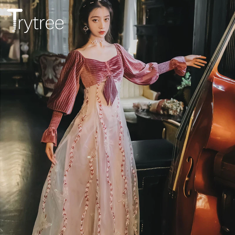 

Женское платье в стиле Лолиты Trytree, винтажное платье трапециевидной формы с квадратным воротником и бантом из вельвета в стиле пэчворк, весн...